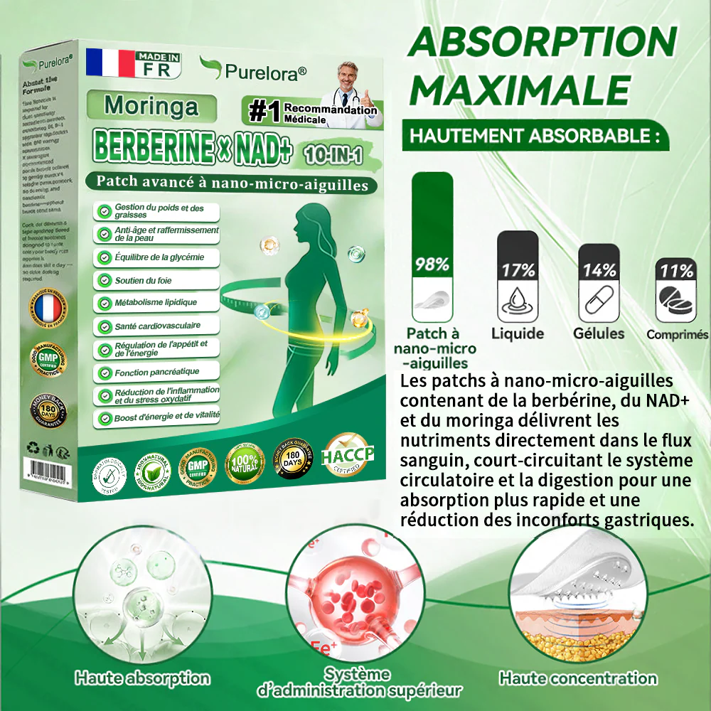 🇫🇷 Nouveauté 2026丨 Purelora® Moringa Berbérine x NAD+ Patch Nano-Microneedle 10-en-1 Une application par jour, changements visibles dès 7 jours. Pour accompagner la gestion du poids et le bien-être global. - Image 3